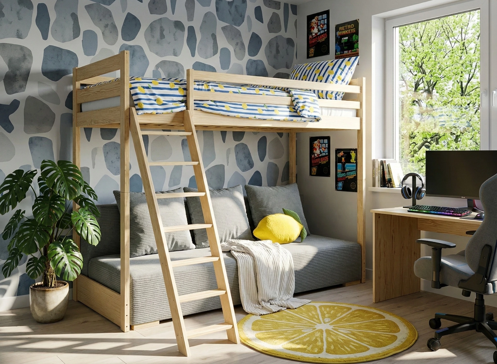 SOFINO 90x200/140x200 pin lit mezzanine avec canapé-lit en tissu gris zoom 15 sage Lano Meubles